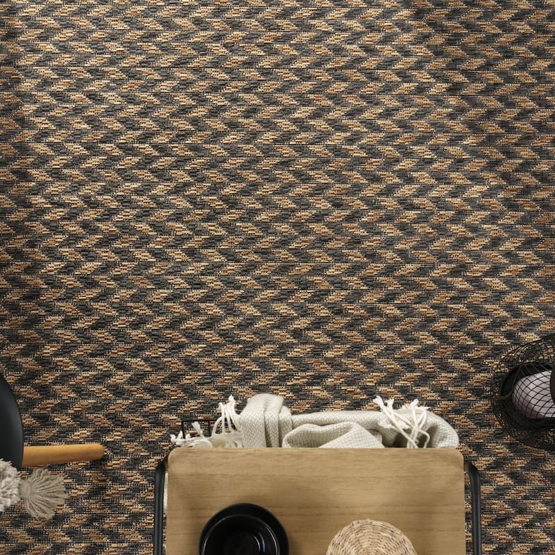 Indoor & Outdoor Rug with Boho Herringbone Pattern in Black and Brown