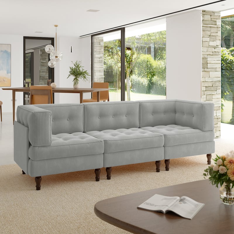 Oversized Modular Sectional Corduroy Fabric Tufted Sofa - Light Grey-3 peice - Symmetrical