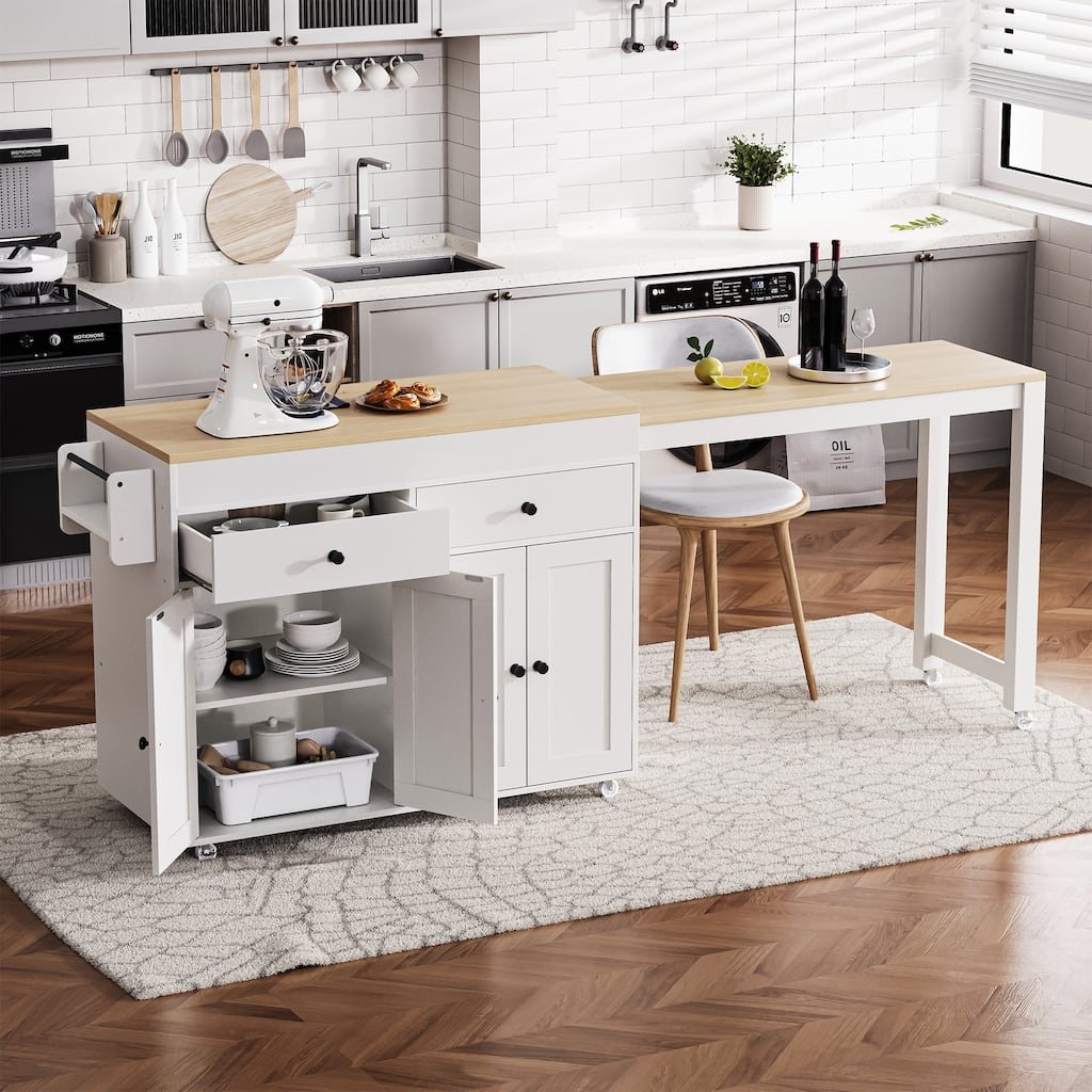 Kitchen Island with Extendable Dining Table, Off White Rolling Kitchen Island with Spice Rack and 2 Drawers