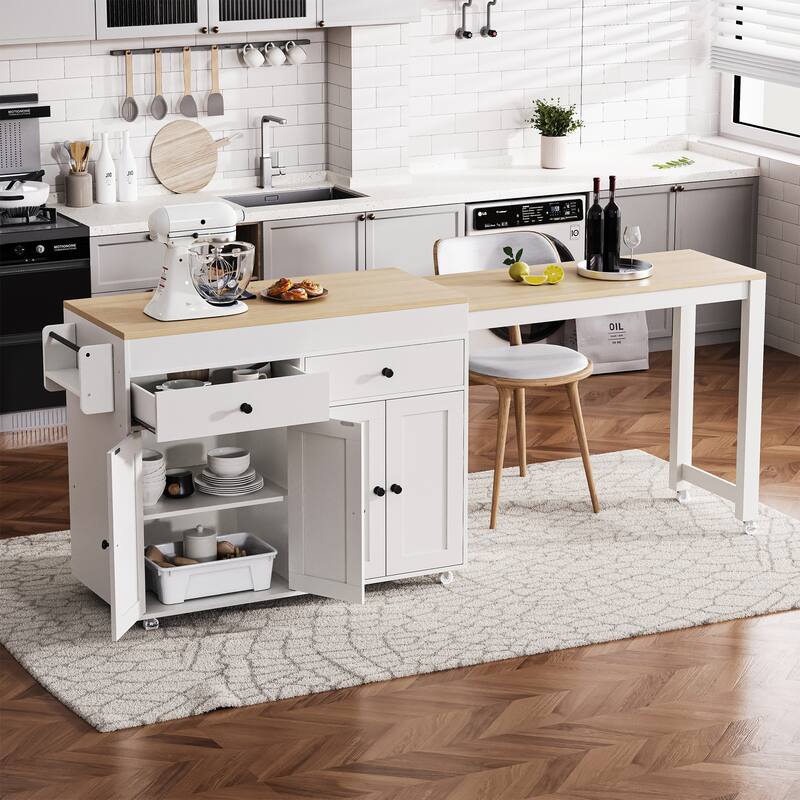 Rolling 74.5" Kitchen Island with Extendable Dining Table and 2 Drawers - White