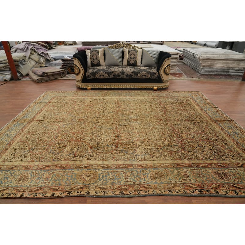 Hand Knotted Oriental 100% Wool Carpet Traditional All-Over Yellow & Gold Tabriz Area Rug - 13' 0'' X 9' 11''