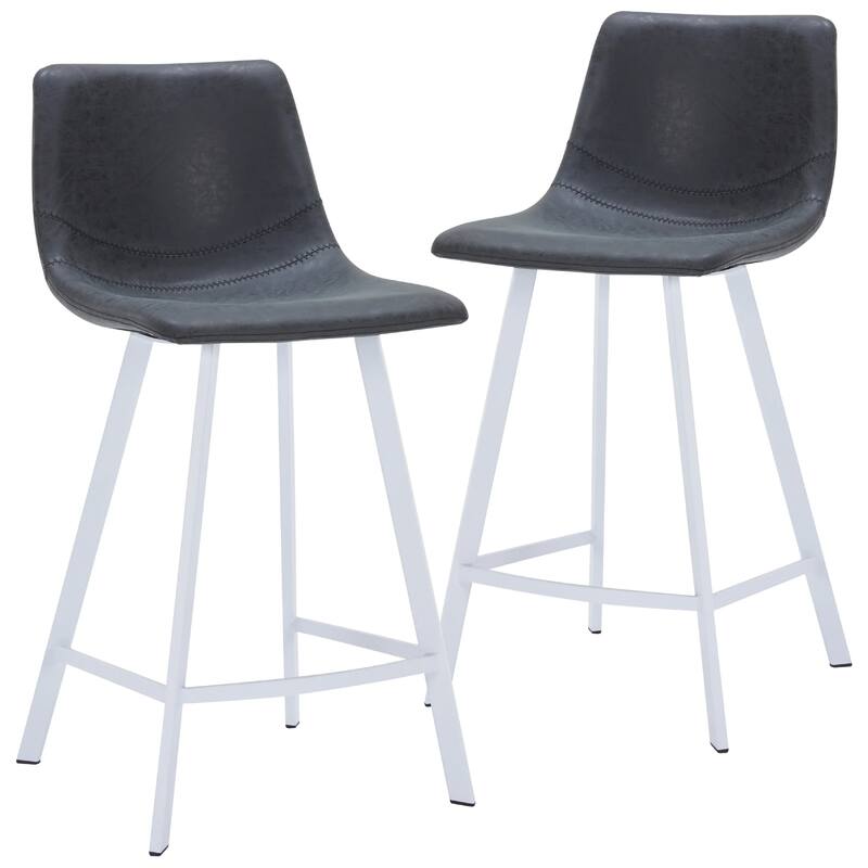 Elland Leather Bar Stool - Modern Counter Height Stool with White Stainless Steel Legs for Kitchen Island or Home Bar Set of 2 - Charcoal Black