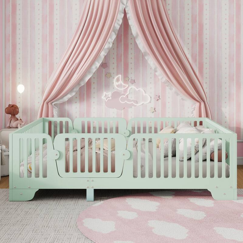 Montessori Floor Bed with Detachable Door, No Box Spring Needed, Kids Platform Bed with Slats and Fence
