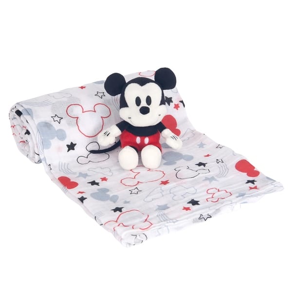slide 2 of 7, Lambs & Ivy Disney Baby Mickey Mouse Muslin Swaddle Blanket & Plush Gift Set