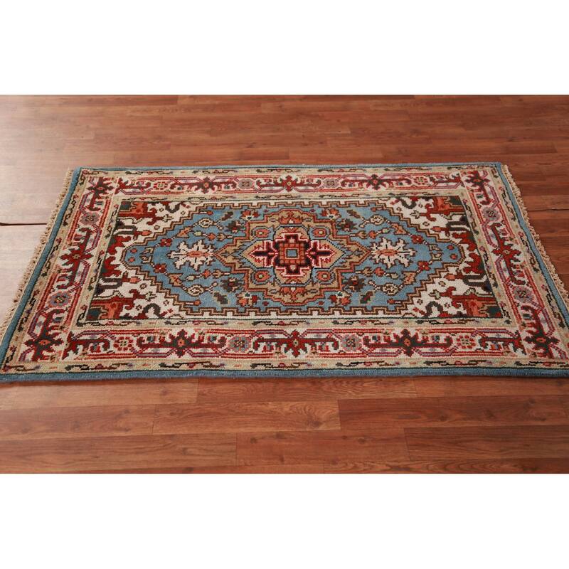 Light Blue Heriz Serapi Indian Foyer Rug Hand-Knotted Wool Carpet - 3'0"x 5'1"