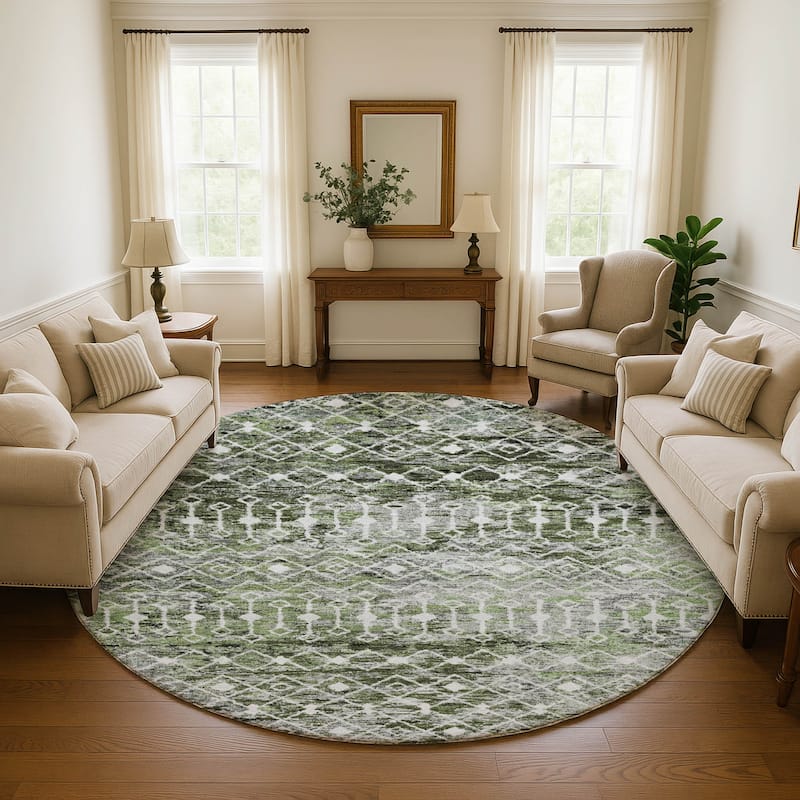 Premium Washable Super Soft Boho Trellis Mayfield Rug - Olive - 8' x 8'