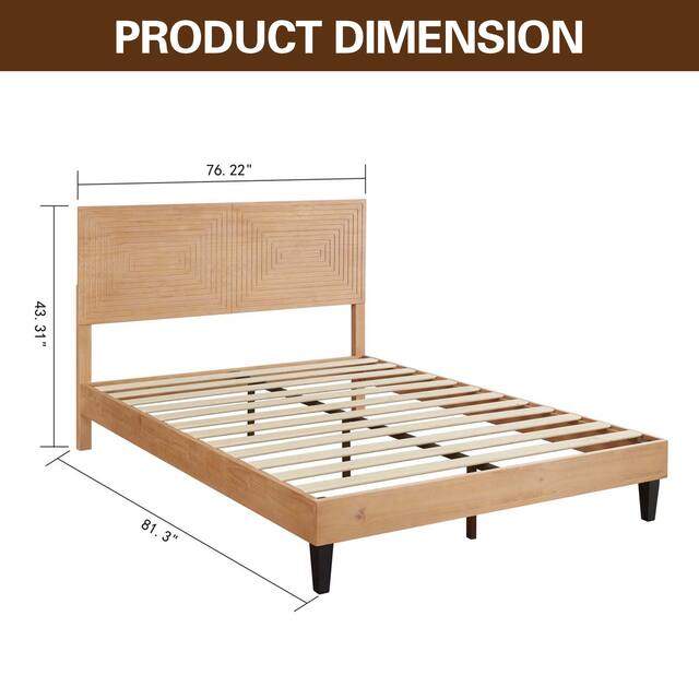 BIKAHOM Mid-Century Modern Solid Wooden Platform Bed with Adjustable Height Headboard for Bedroom