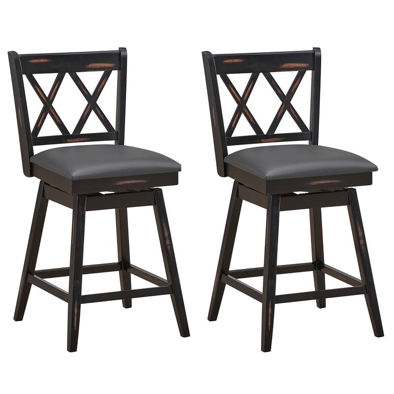 Set of 2 Bar Stools Swivel Counter Height Bar Stool with Soft Cushion - Black