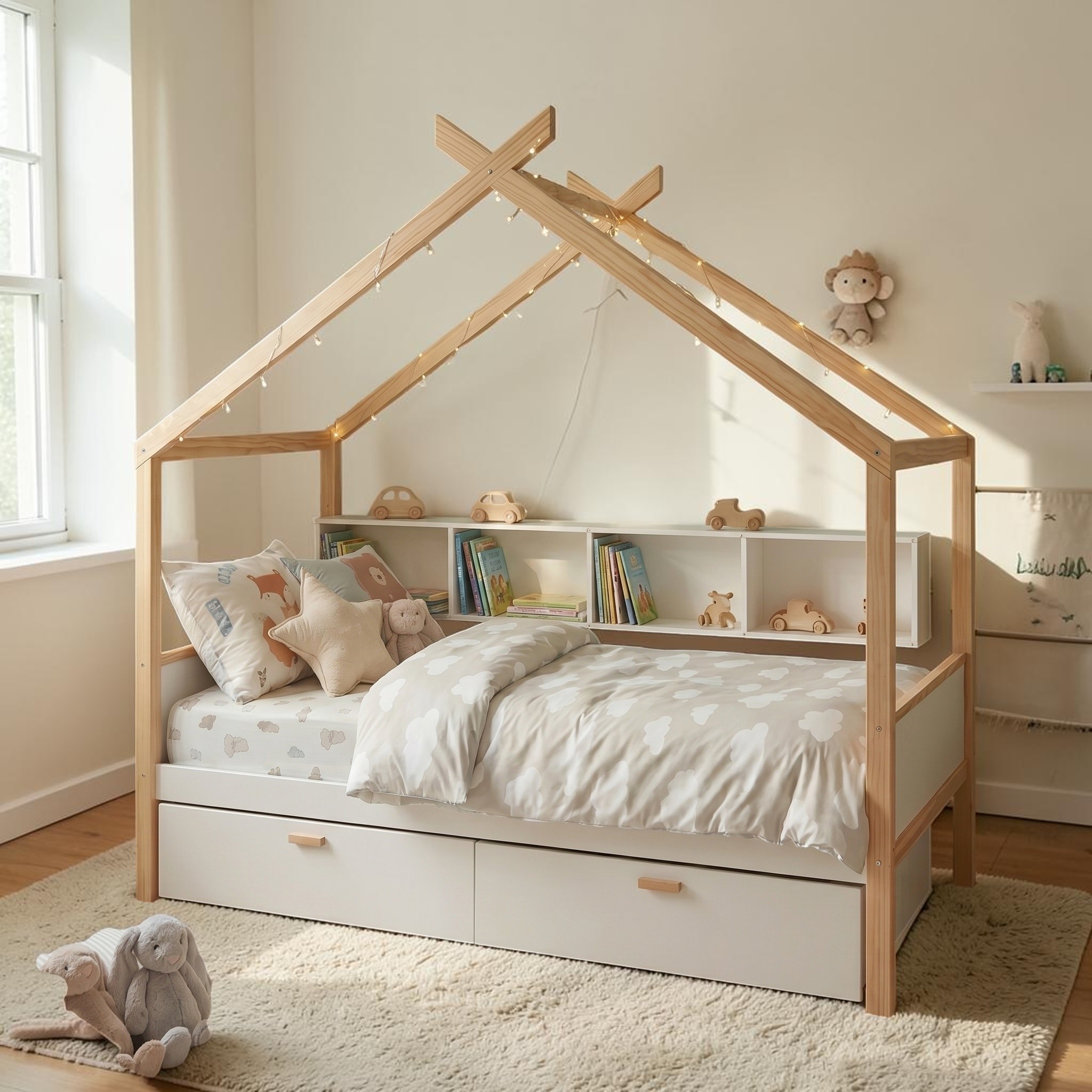 Wooden House Bed with Storage Drawers and Bookshelf, Kids Platform Bed Frame in White and Natural
