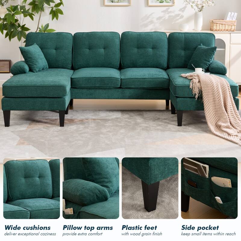 HOMEFUN Linen Upholstered U-Shaped 4-seater Tufted Wood Frame Sectional Sofa with Side Pocket