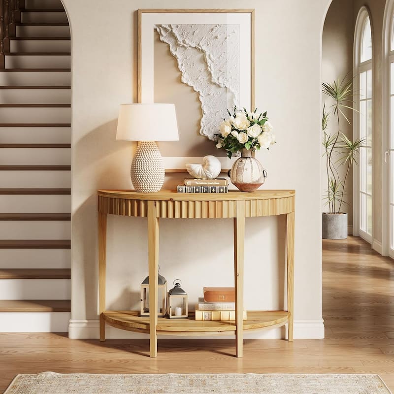 Solid Wood Fluted Console/Entryway Table with 2-Tier Storage Shelf