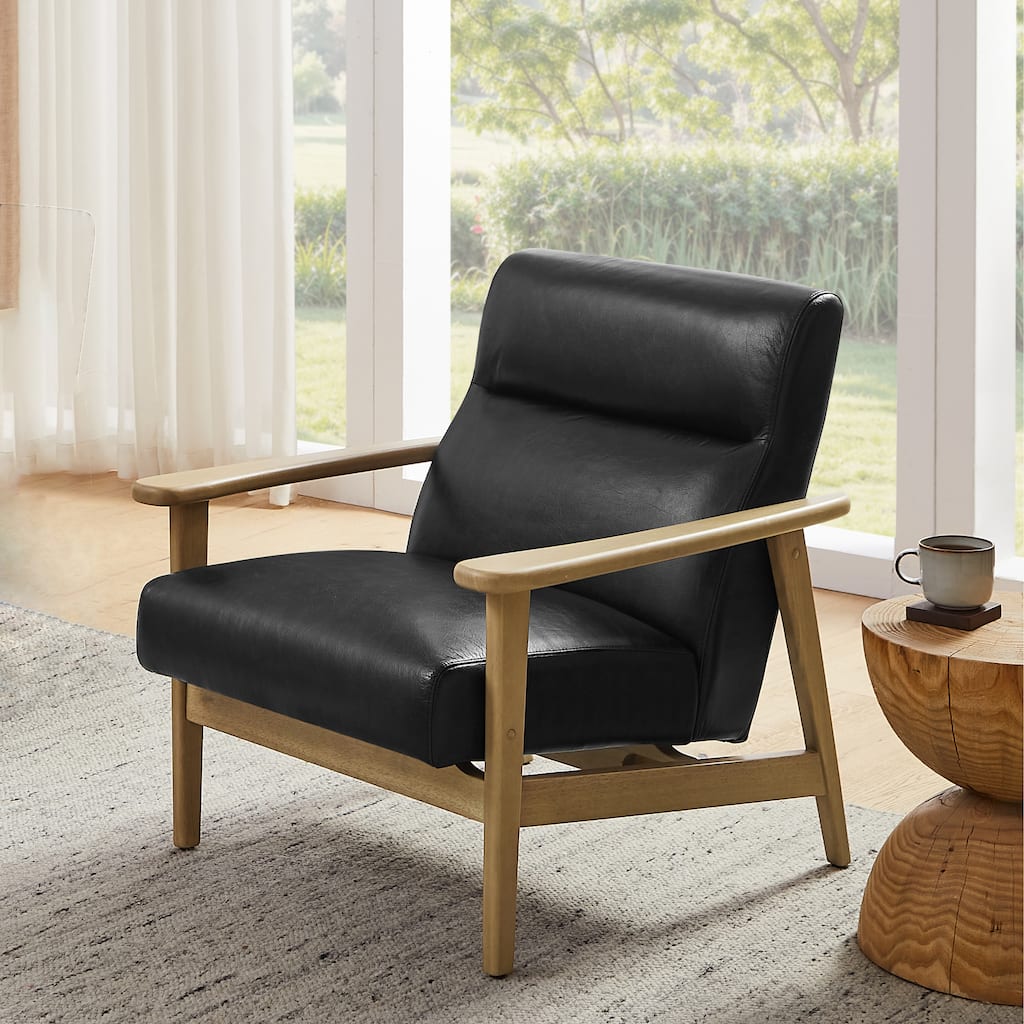 Modern Genuine Leather Accent Armchair with Natural Solid Wood Frame