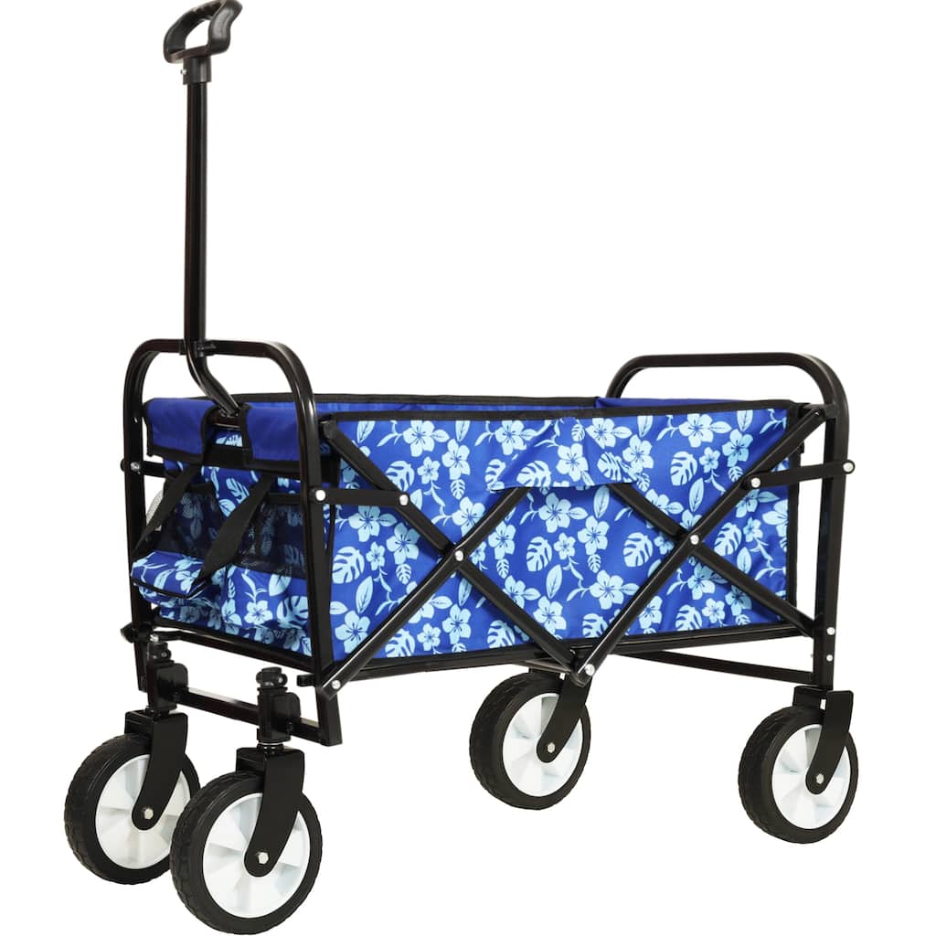 Patterned Collapsible Utility Wagon - Blue Flower Design with Storage Straps, 225lb Capacity
