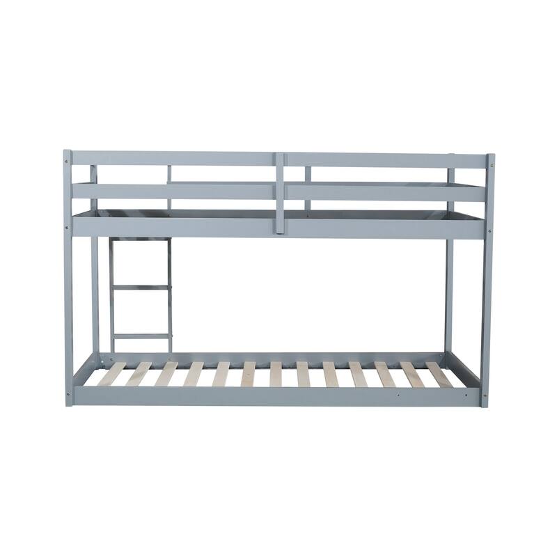 Wooden Twin over Twin Floor Bunk Bed with Ladder ,Upper and Bottom Bed Platforms