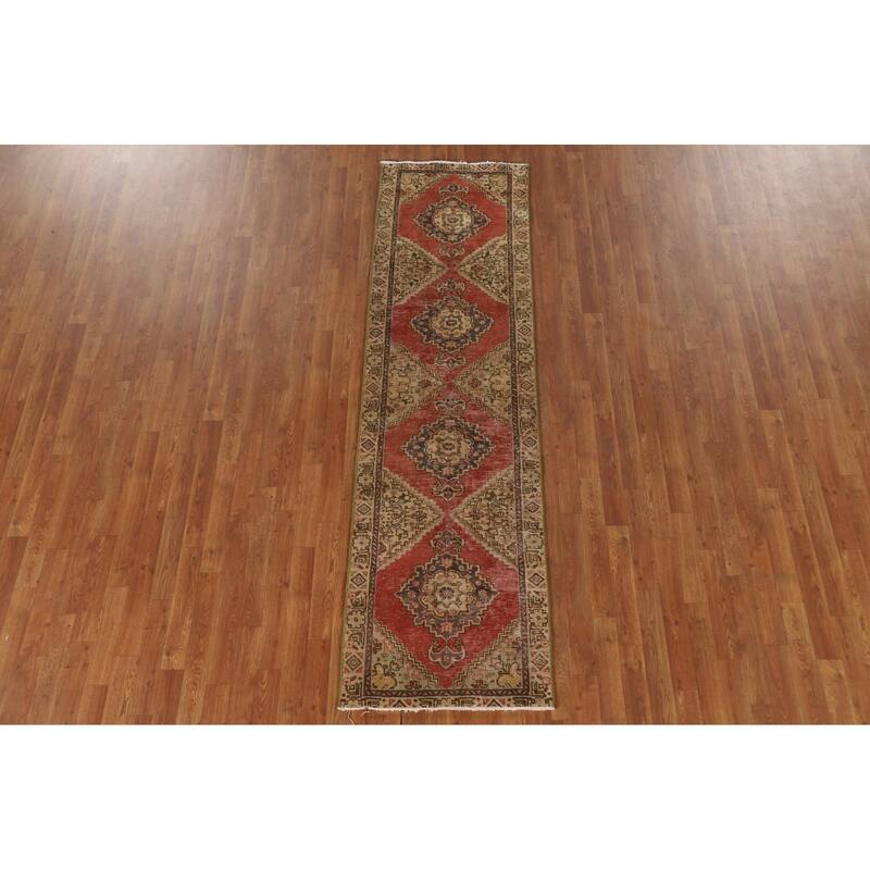 Geometric Tabriz Persian Vintage Runner Rug Handmade Wool Carpet - 2'4"x 8'6"
