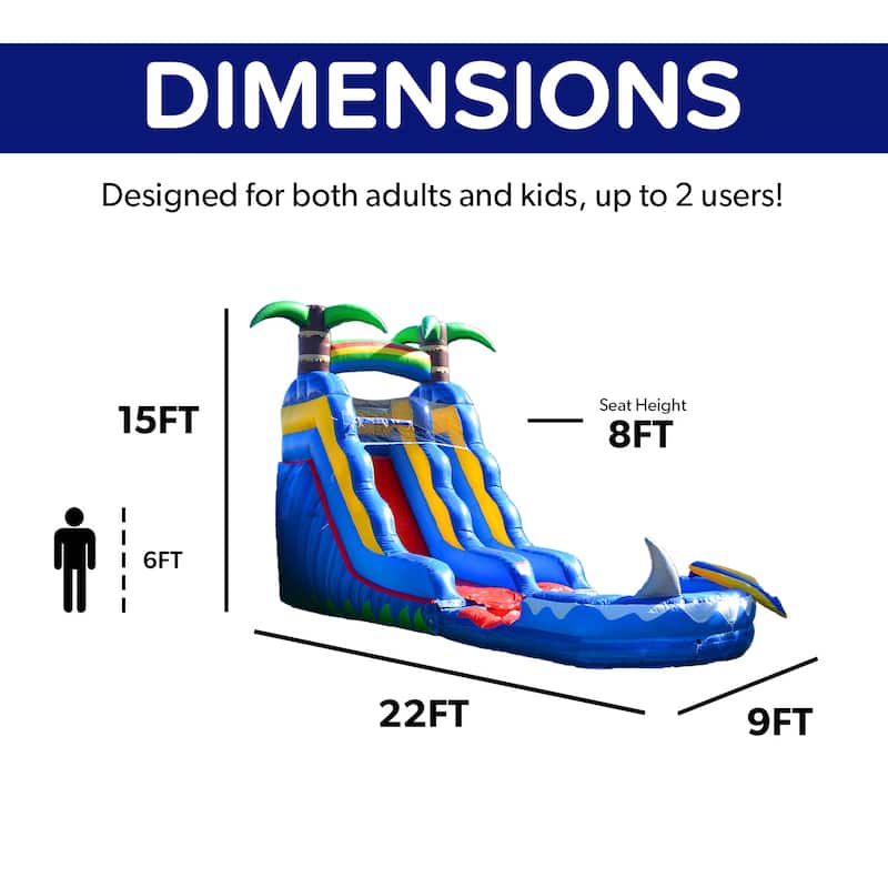 HeroKiddo 15' Ocean Shark Commercial Grade Inflatable Water Slide with Attached Splash Pool (No Blower Included), Outdoor Fun