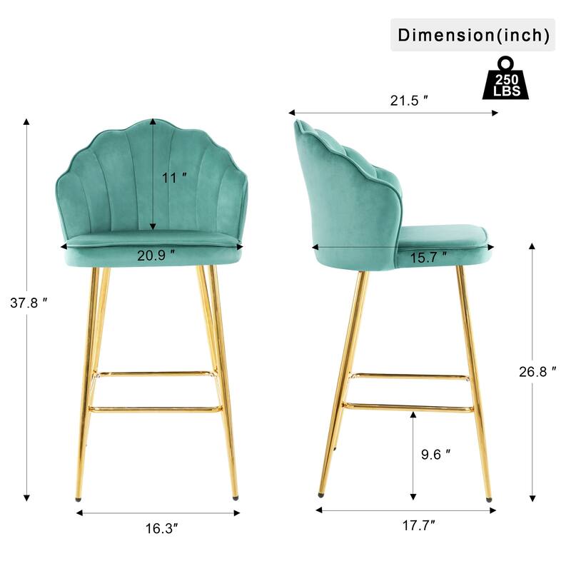 Velvet Shell Bar Stools Set of 2, Counter Height Chairs with Metal Legs, Upholstered Kitchen Island Chairs with Footres