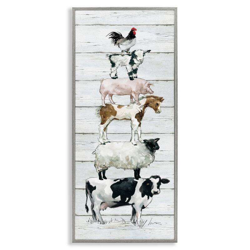 Stupell Country Farm Animal Stack Cow Sheep Pig Rooster Framed Wall Art - Multi-Color - 10 x 24 - Grey