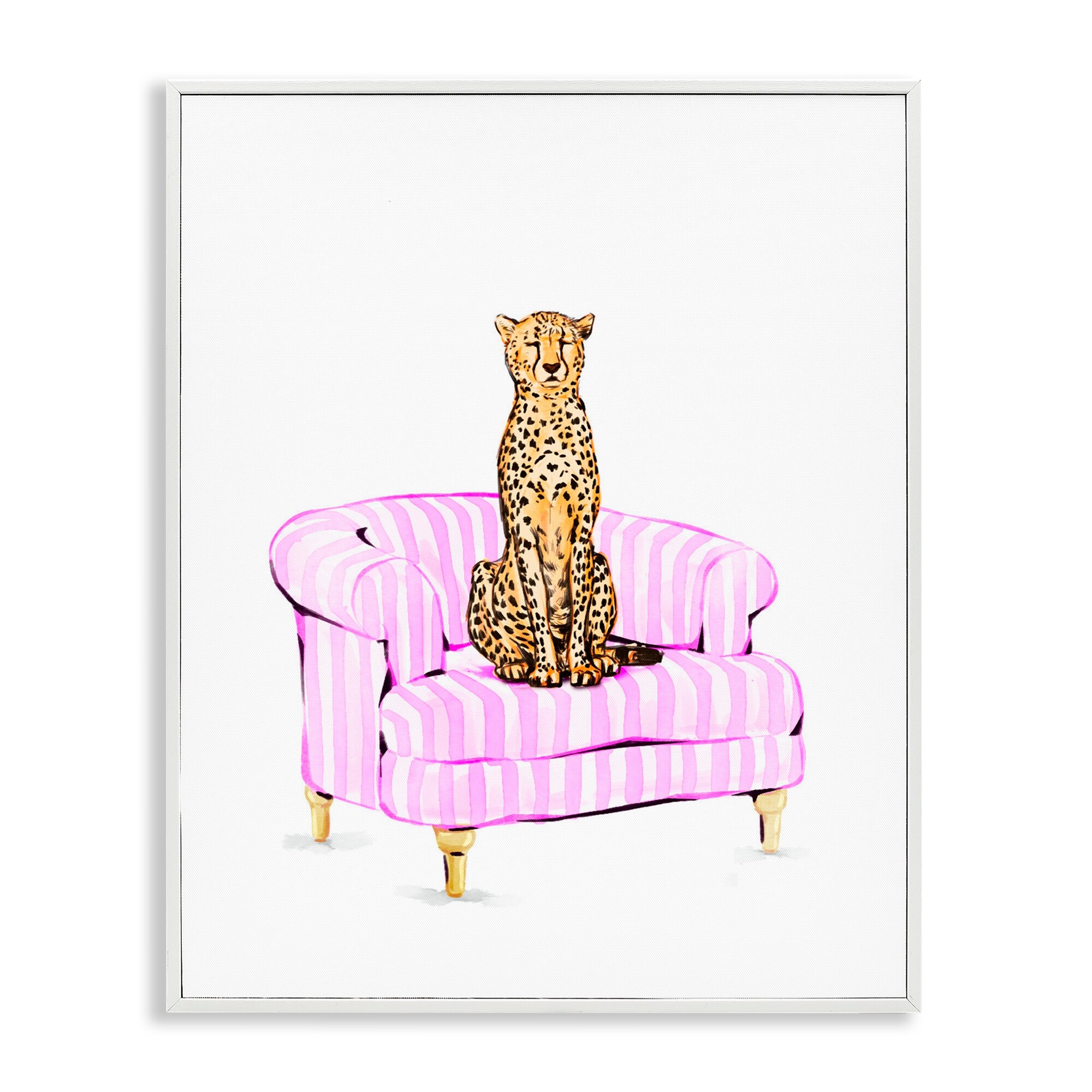 Stupell Cheetah on Pink Stripe Chair Framed Giclee Art Design By Ziwei Li