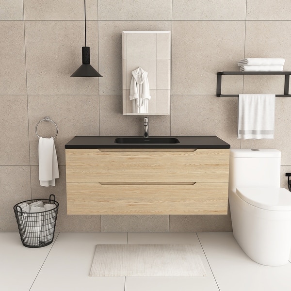 slide 2 of 68, Wall-Mounted Bathroom Vanity in Evita Oak with Integrated Black Sink 47.24" x 18.9" x 20.39" - Evita Oak