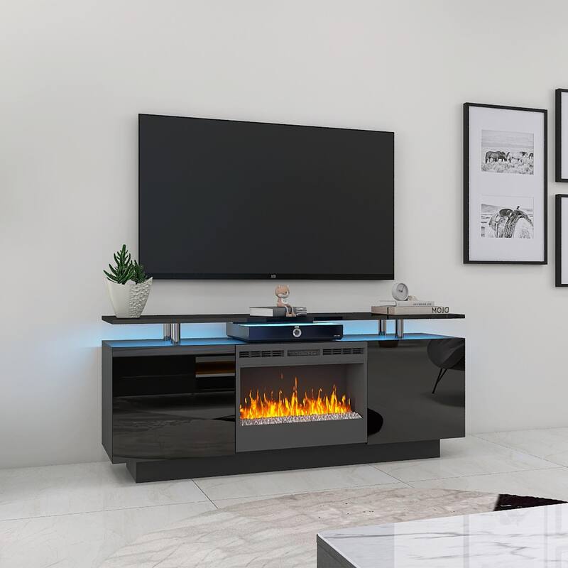 70" High Gloss TV Stand with Built-In Electric Fireplace, 9-Color Flame, Storage Shelves & Remote, for 80" TVs
