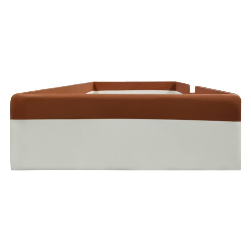 Roomfitters Twin/Full/Queen/King Size Upholstered Daybed Frame with Safety Fence and Stairs, PU Fabric Platform Bed with Slats