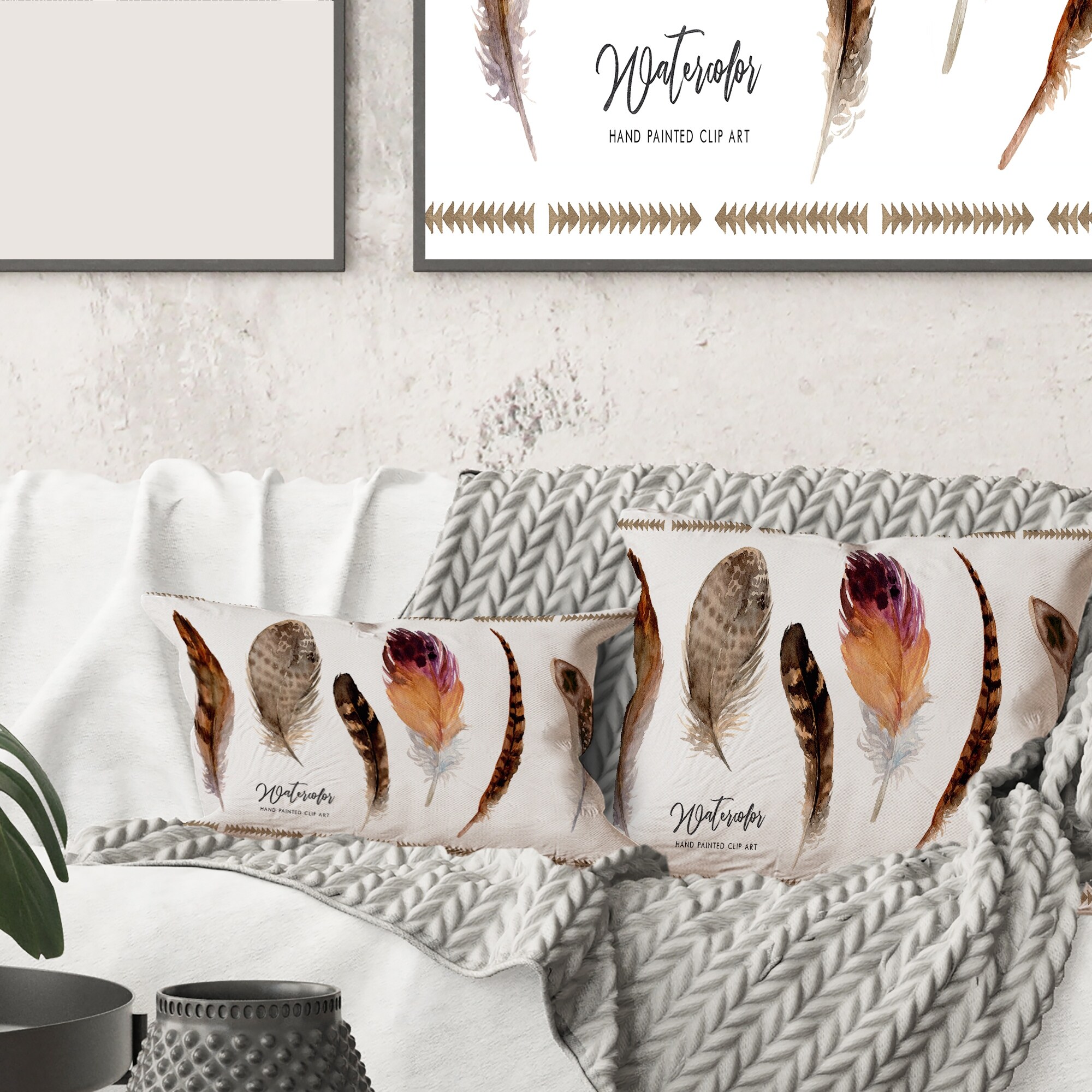 Designart Exotic Vibrant Boho Feathers Bohemian Eclectic Printed Throw Pillow