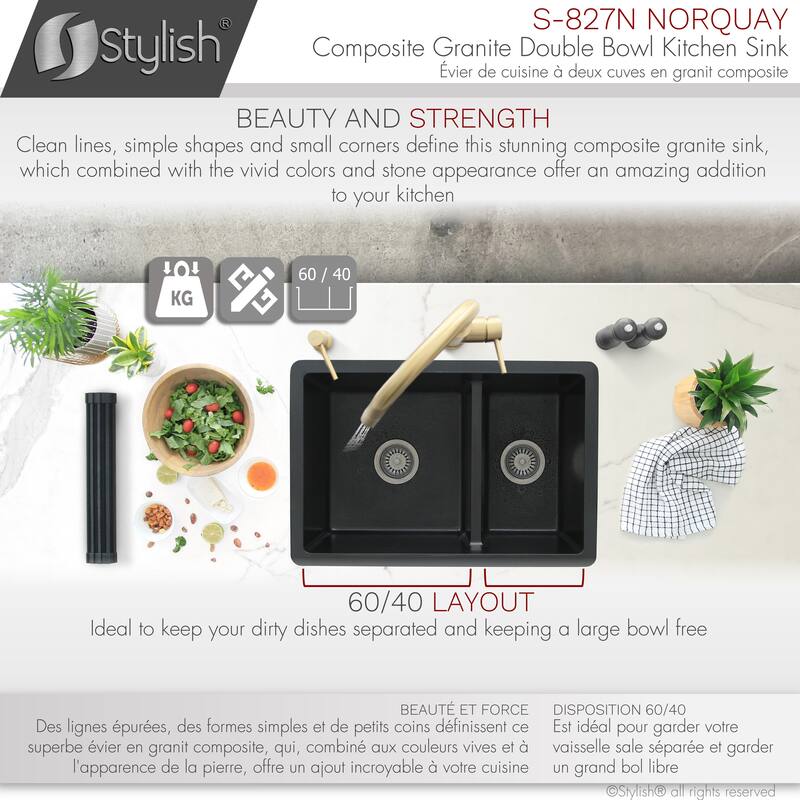 STYLISH 27 inches L x 18 inches W Double Bowl 60/40 Dual Mount Composite Granite Kitchen Sink - 27" x 18" x 9.5"