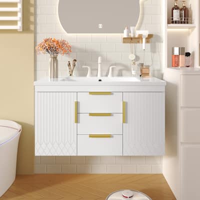 Floating Geometric Lines Cabinet Wall Mounted Bathroom Vanity with Resin Sink, 2 Drawers, 2 Storage Cabinet and Gold Handles