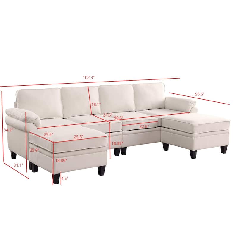 102" U-Shaped Linen Fabric Sectional Sofa with Ottomans