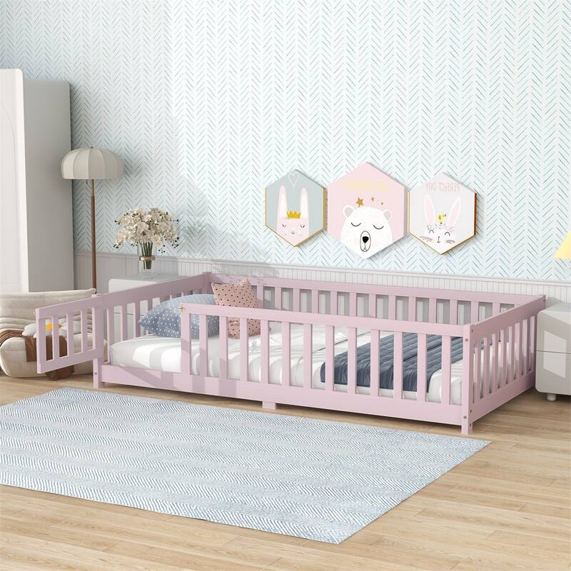 Twin/Full/Queen Size Floor Bed with Fence Guardrails and Door, Rubber Wood Toddler Bed Montessori Bed with Slats Support - Pink - Twin