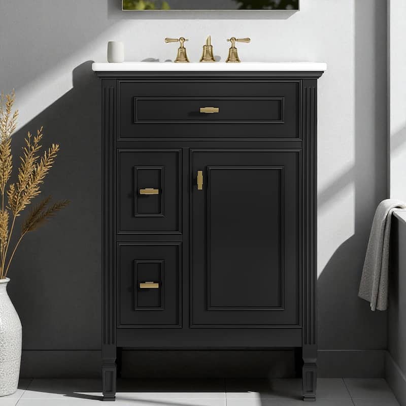 Modern 24-Inch Bathroom Vanity with Ceramic Sink, Solid Wood and MDF Cabinet with Flip Drawer, Drawers, and Adjustable Shelf - Black