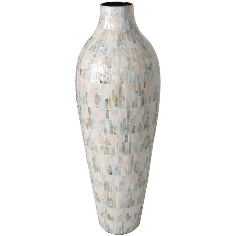 Mother of Pearl Shell Handmade Mosaic Inspired Decorative Vase with Pastel Blue and Pink Accents - White - Roche River Decor
