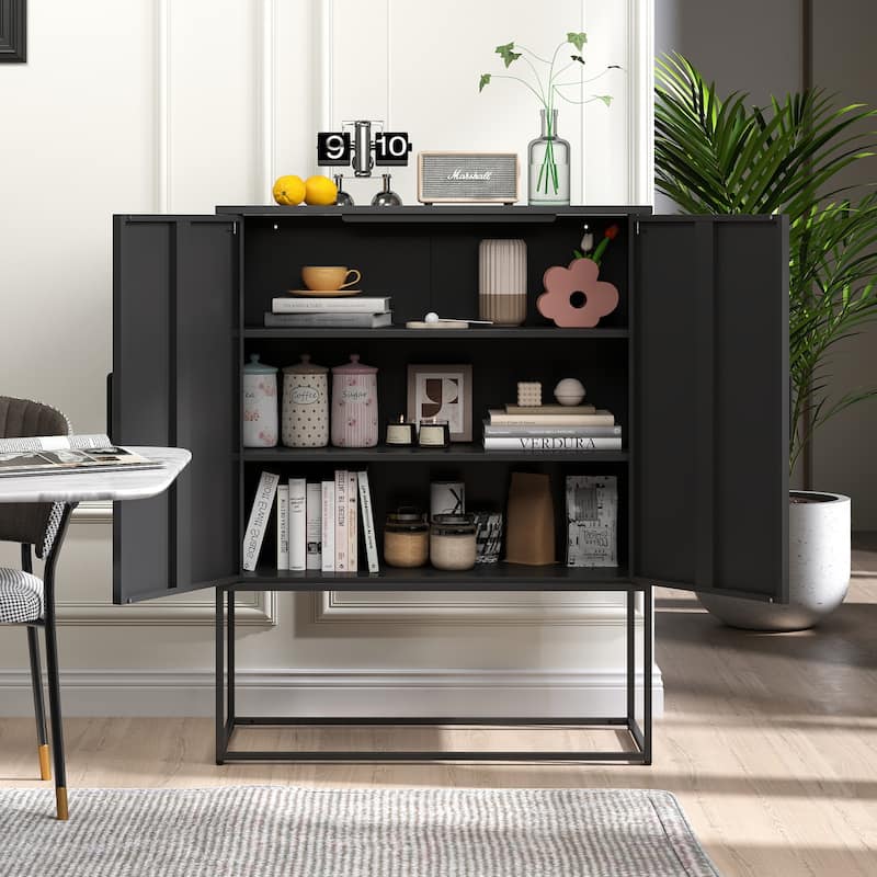 Heavy Duty Metal Buffet Sideboard Modern Steel Storage Cabinet with 2 Shelves, Free Standing Accent Cabinet with Magnetic Doors