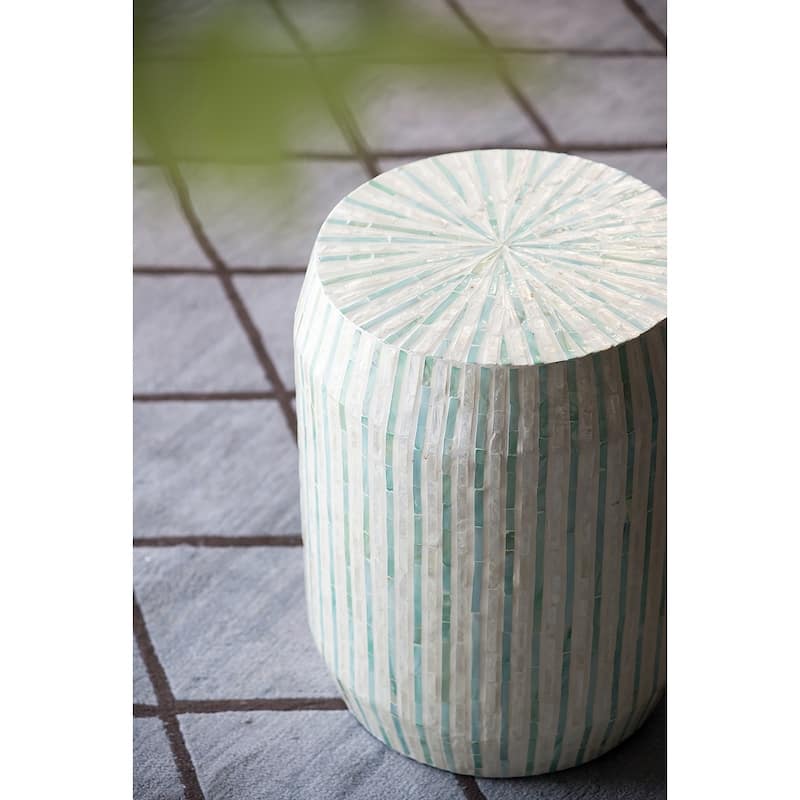 14x14x18" Cream And Green Cylinder Accent Stool With Striped Pattern