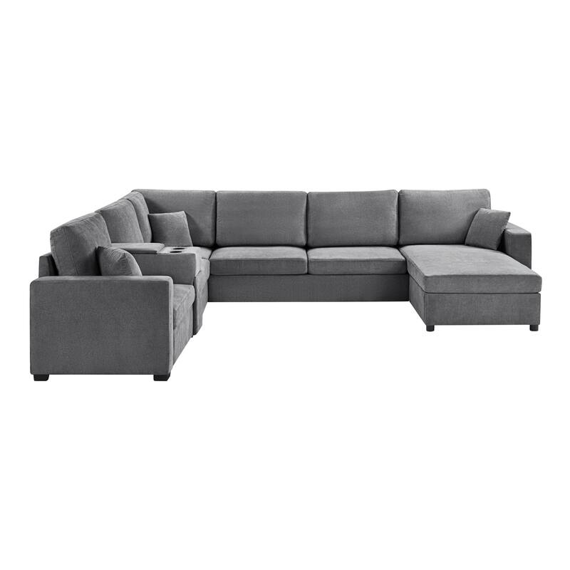 Modern 5-Seat Modular U-Shaped Sectional Sofa with Chaise, Storage Drawer, Built-In Cup Holders and Throw Pillows