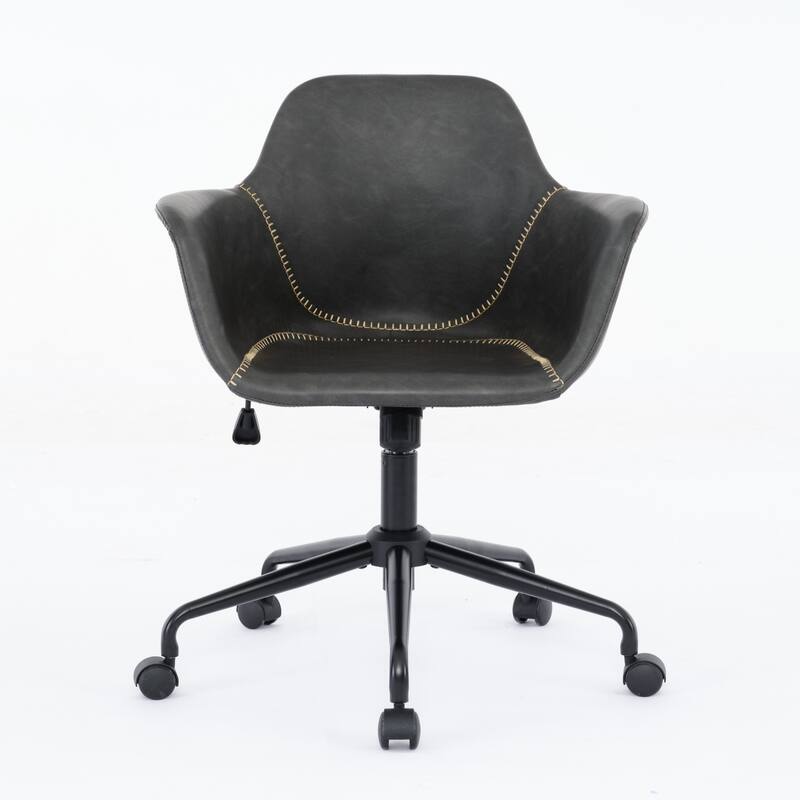 Roomfitters Mid-Century Modern Office Chair, Adjustable Swivel PU Leather Desk Chair with Arms and Reclining Base, Black