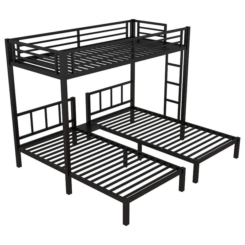 Detachable Triple Bunk Bed Frame Convertible 3 Twin Platform Beds with Storage Shelves, Headboard, Ladder and Safety Guardrails