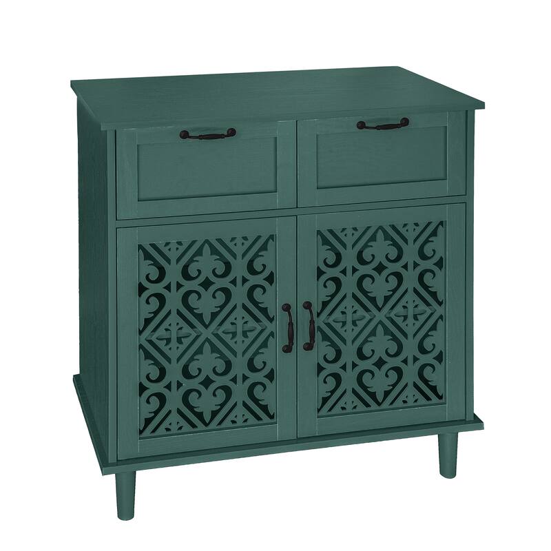 Cabinet with 2 Carved Pattern Doors & 2 Drawers, Small Entryway Storage Table, Accent Cabinet with Metal Handles & Wooden Legs