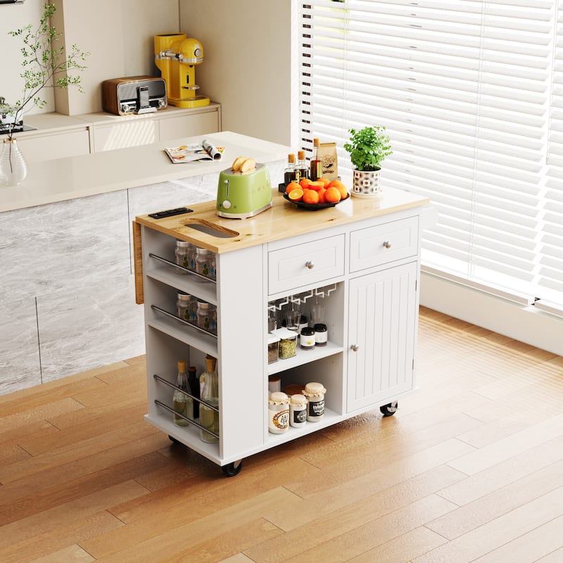 Kitchen Island,Power Outlet,Wine Cup Holder