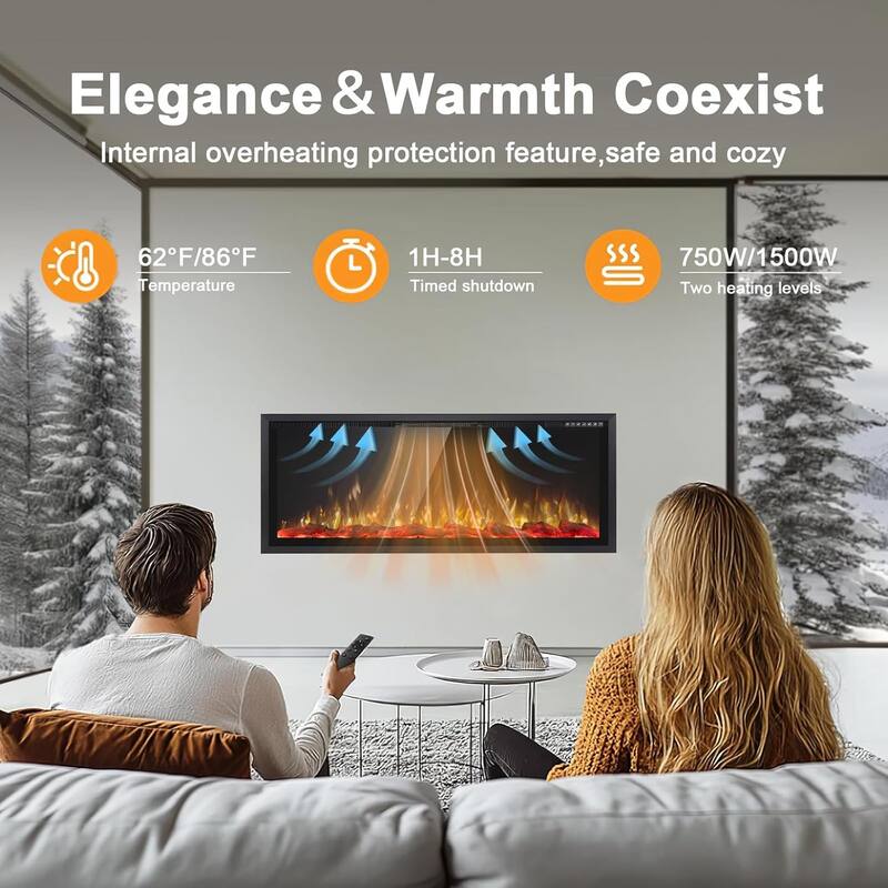 BOSSIN Recessed Wall Mount Electric Fireplace - Ultra-Narrow Frame, Low Noise, Remote w/Timer, Adjustable Flame Color & Speed