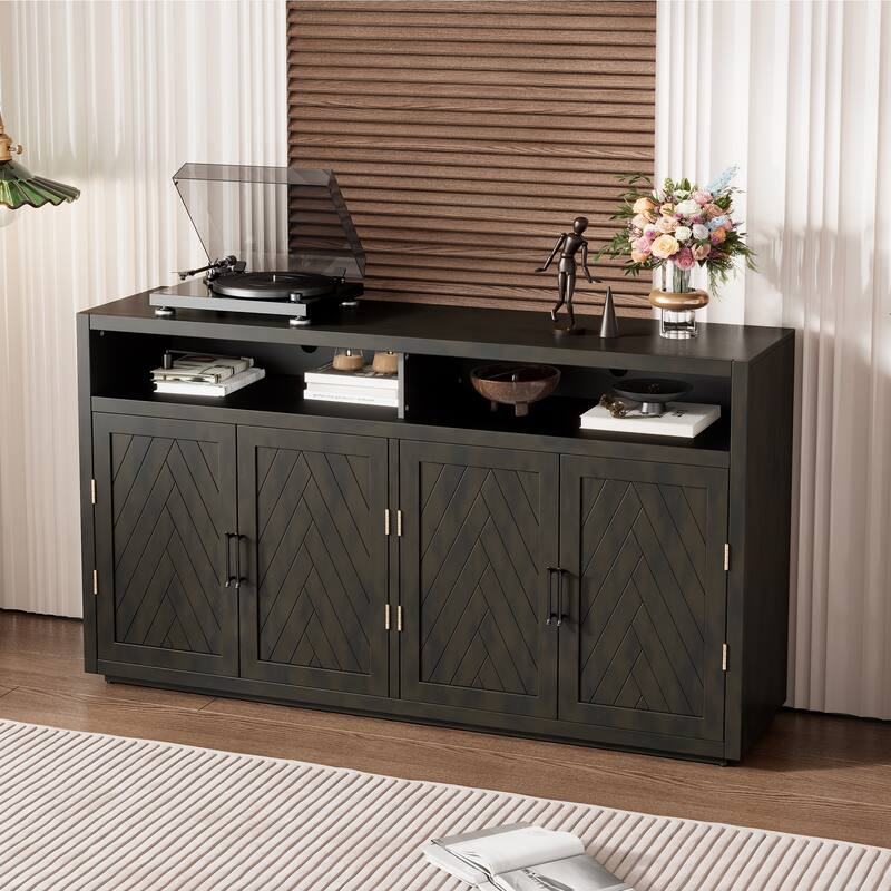 4 Door Sideboard with Open Storage and Adjustable Shelves