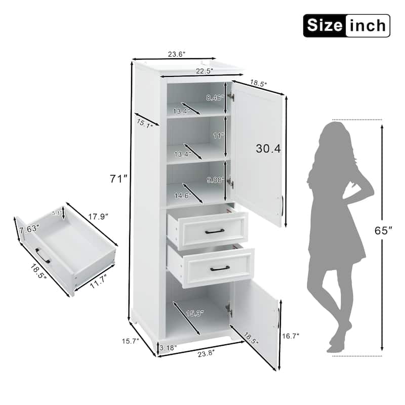 Bathroom Freestanding Storage Cabinet White Tall Cabinet with Adjustable Shelves, Black Handles and Anti-Tipping Design聽
