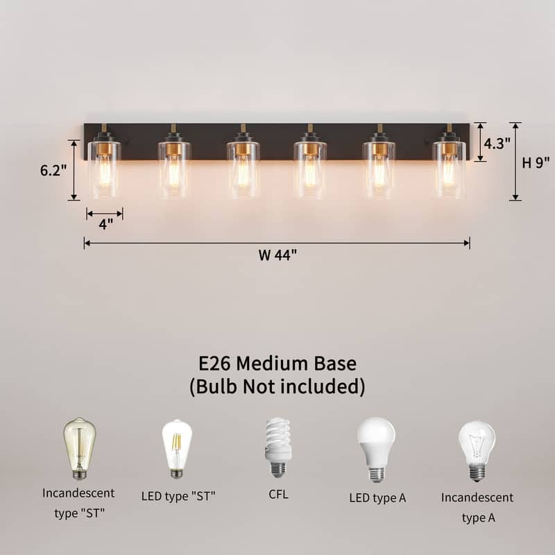KAWOTI 6-light Bathroom Vanity Light with Clear Glass Shade