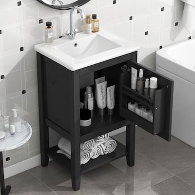 20" Bathroom Vanity with Sink, Bathroom Cabinet with Soft Closing Door, Storage Rack and Open Shelf, Black