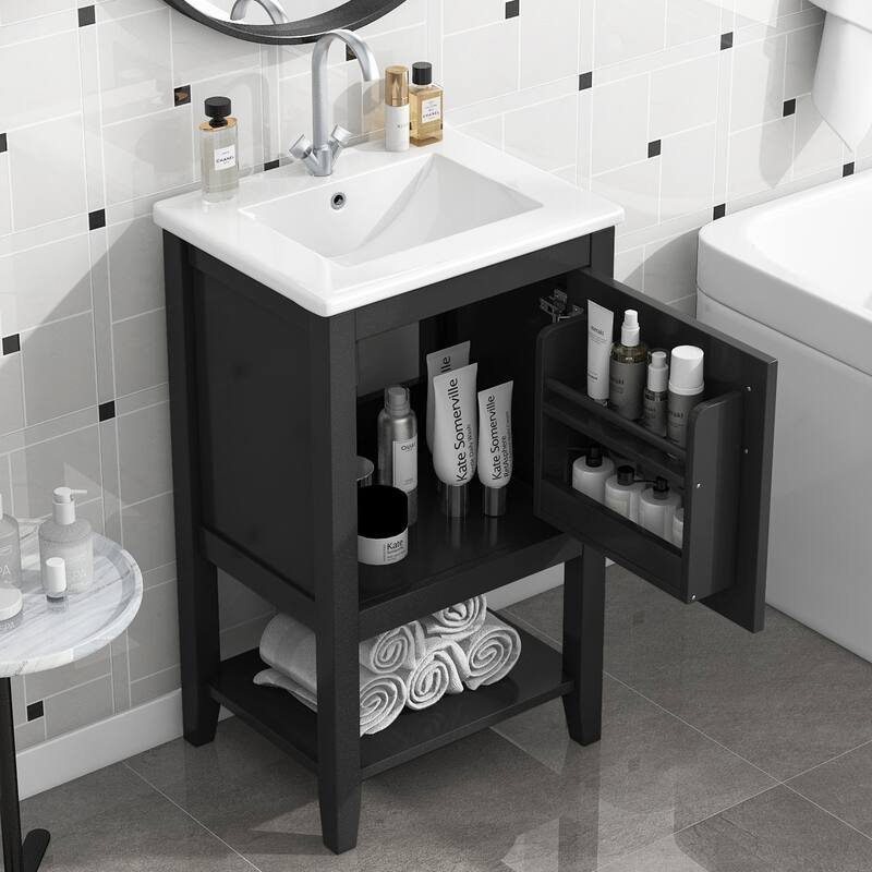 20" Modern Bathroom Vanity with Sink, Soft Close Door, Storage Rack & Open Shelf, Freestanding Cabinet