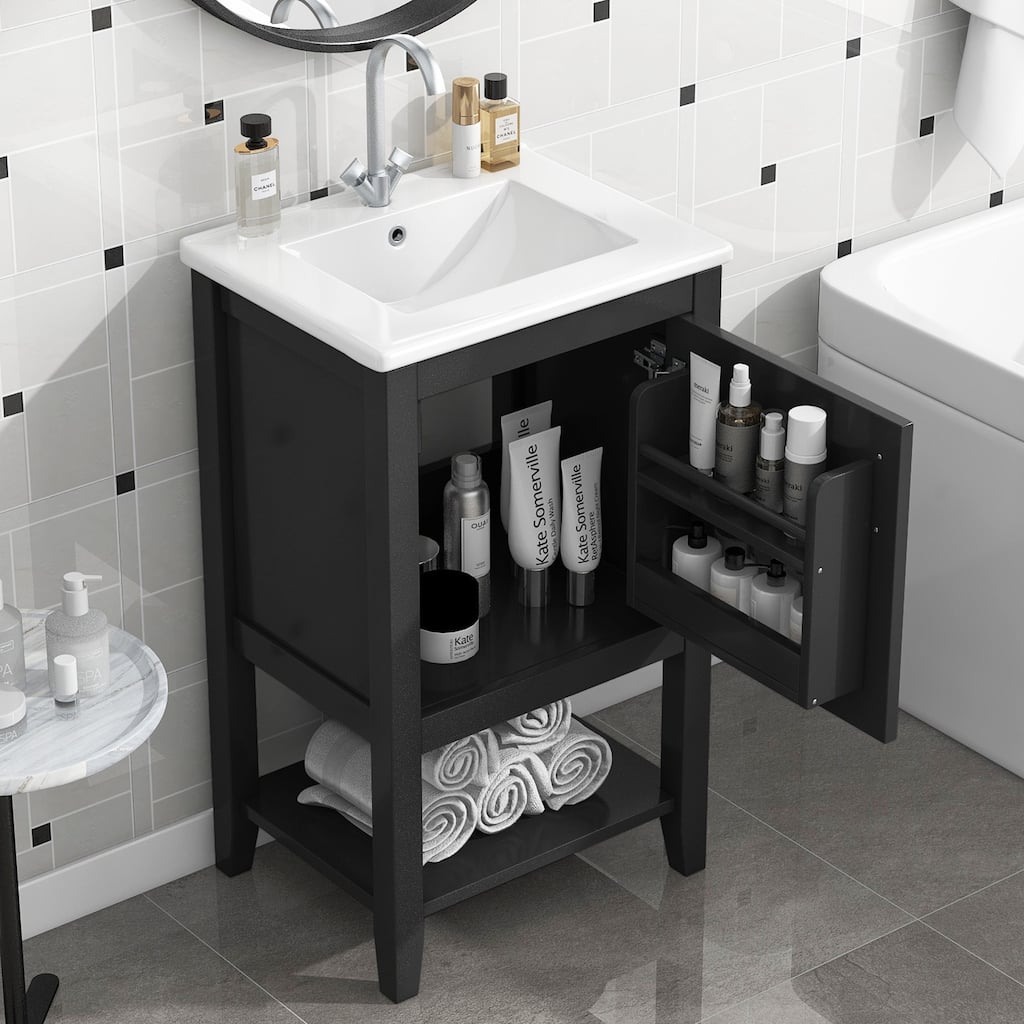 20" Vertical Stripe Single Door Cabinet Bathroom Vanity with Sink, Soft Closing Door, Storage Rack, Gold Handle and Open Shelf