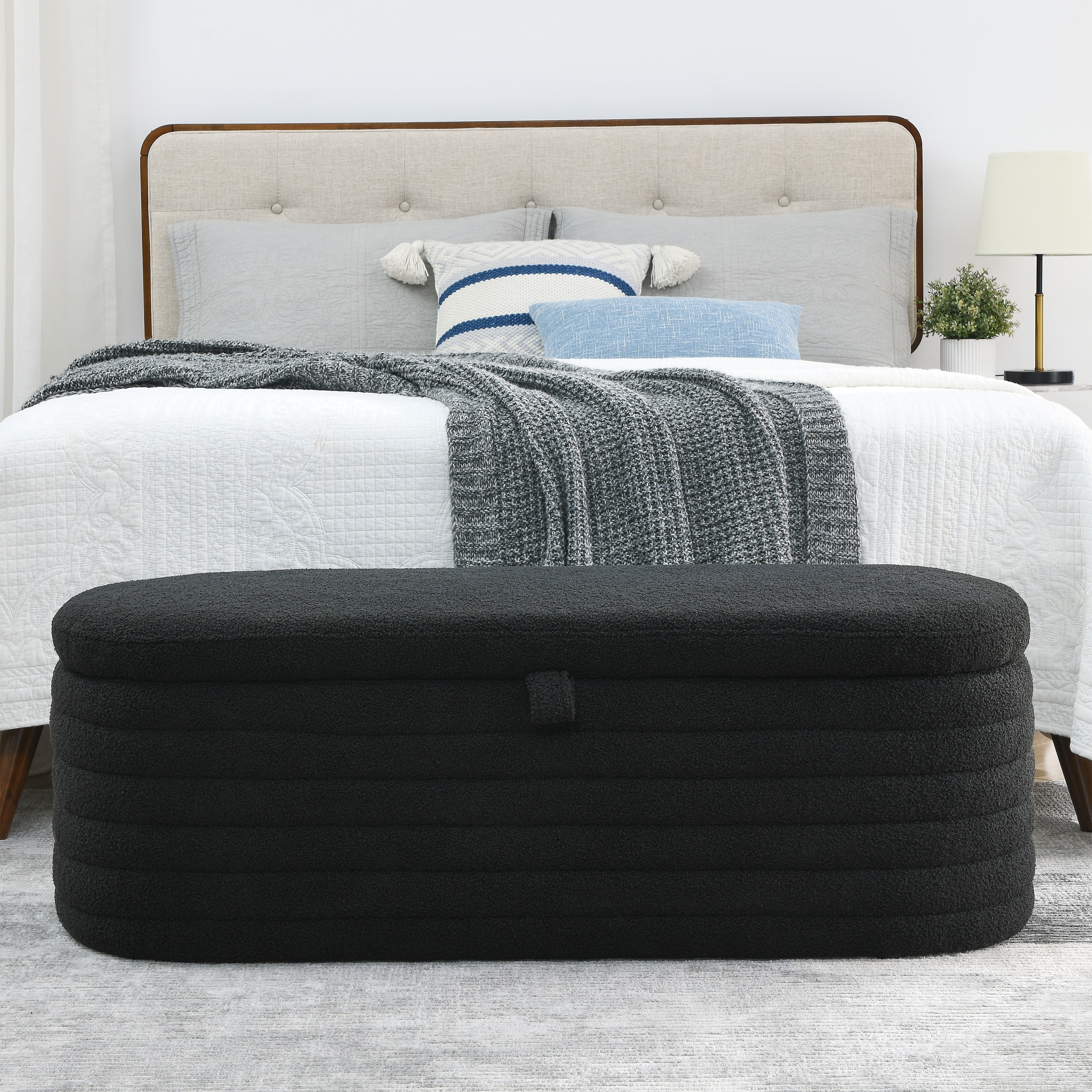 Storage Ottoman Bench Upholstered Fabric Storage Bench Black End