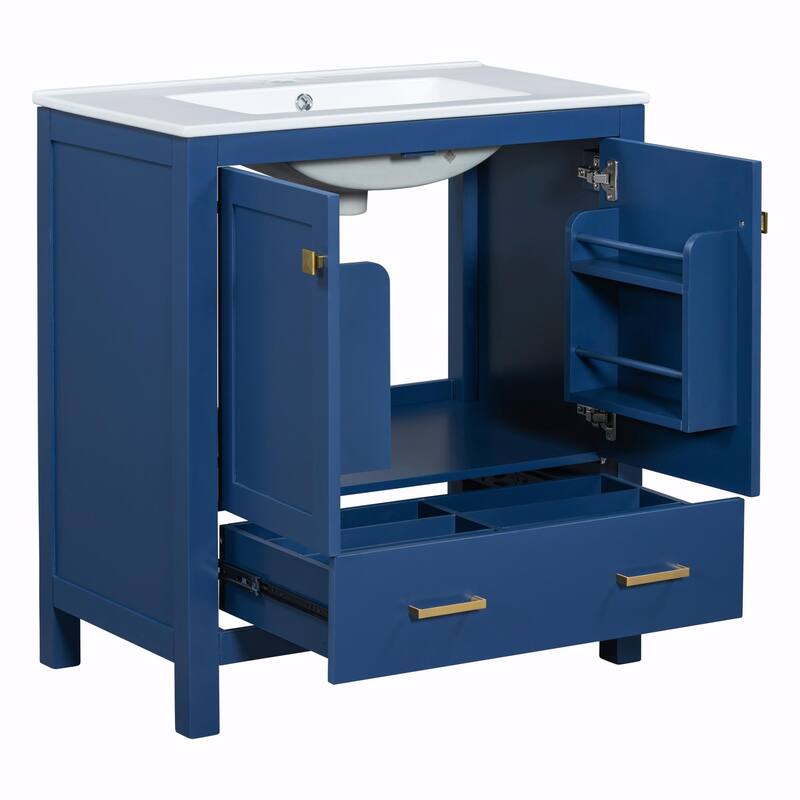 36"/30" Bathroom Vanity with Ceramic Sink, Soft-Close Doors, Double Storage Shelves & Divided Drawer