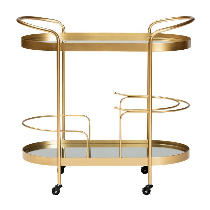 Kamal Glam Brushed Gold Metal and Mirrored Glass 2-Tier Wine Bar Cart